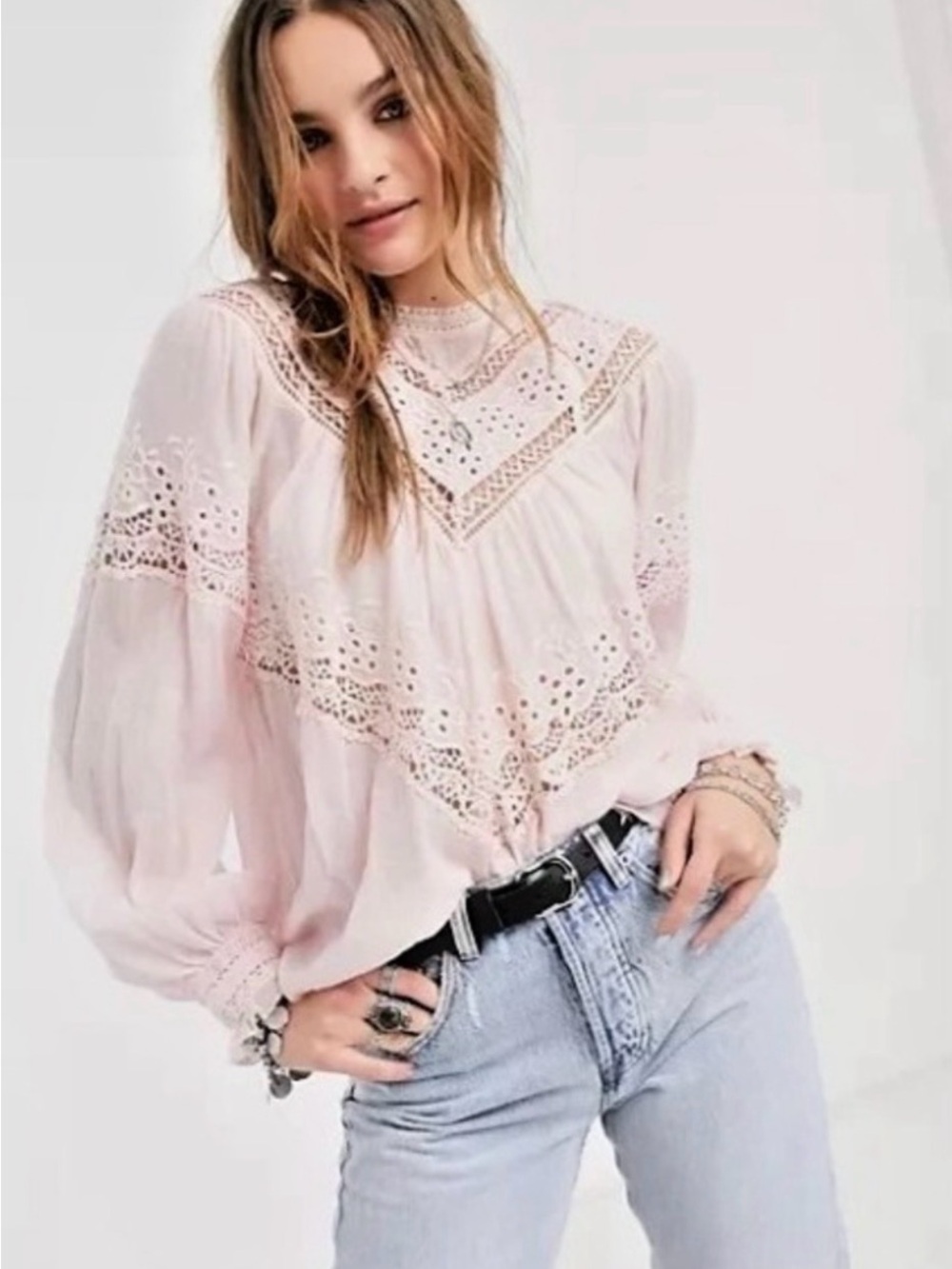 Free People Pale Pink Lace-Yoke Peasant Blouse